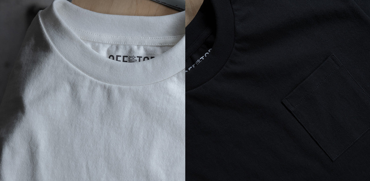 2枚以上お買い上げいただくと10% OFFの説明画像。10ozのヘビーウェイト生地の白と黒の寄り。